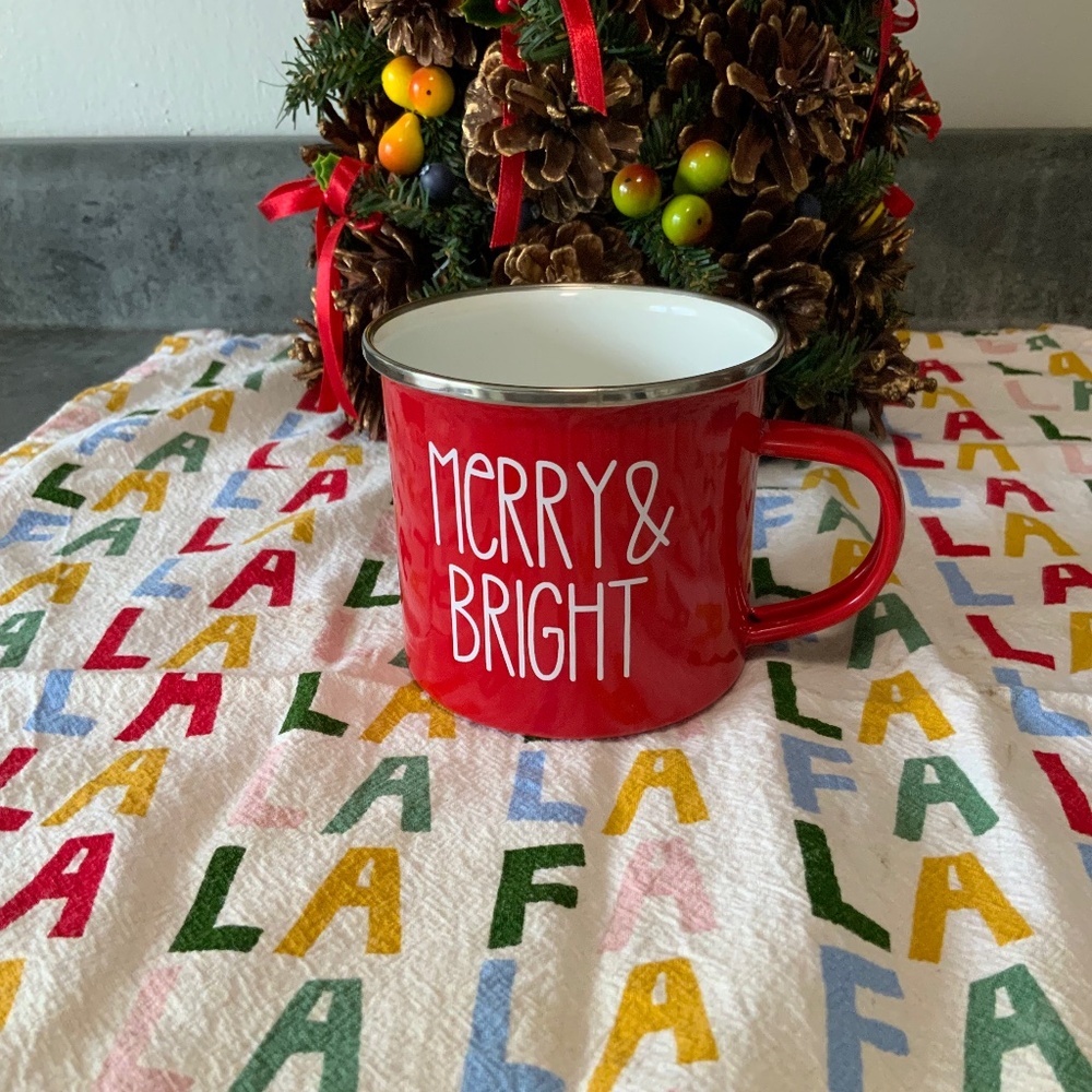 Red Enamel Christmas/Winter Mug, Merry & Bright, New